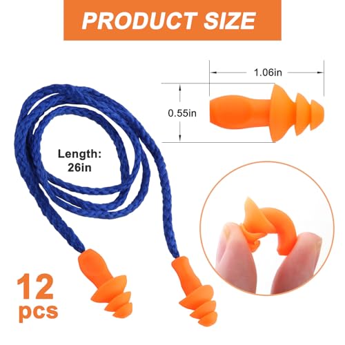 12 Pairs High-Quality Corded Silicone Ear Plugs - 25dB Noise Cancelling for Shooting Range Hearing ProtectionReusable an